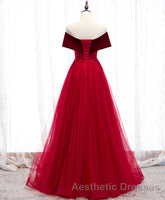 Burgundy Tulle Off Shoulder Long Evening Prom Dresses, Burgundy Formal Dresses